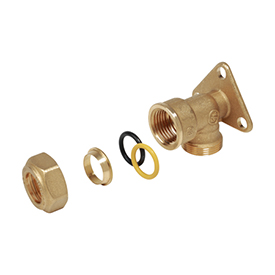 R572 90° elbow fitting with wall support, female thread, for plumbing and gas systems