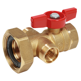 R287 Ball valve, female-female nut connections, with additional connections for thermometers
